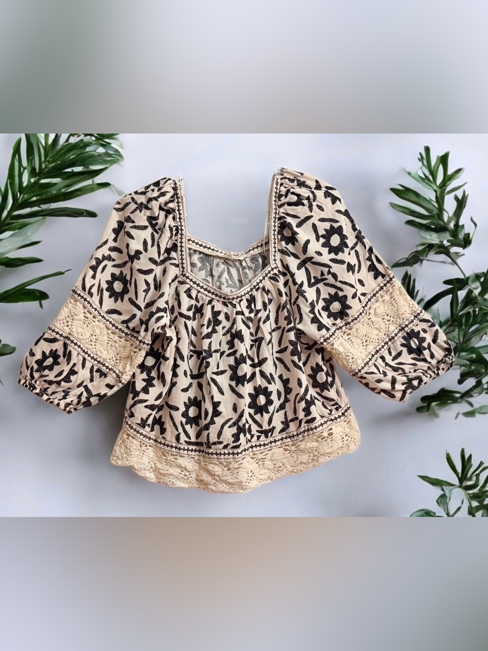 Christian Siriano Boho Linen Blend Embroidered Square Neck Puff Sleeve Blouse L - Picture 2 of 9